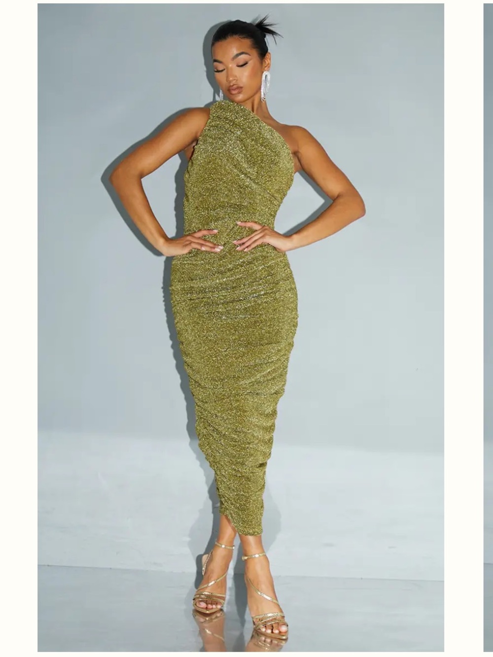 PrettyLittleThing Olive Gold One-Shoulder Ruched Midi Dress